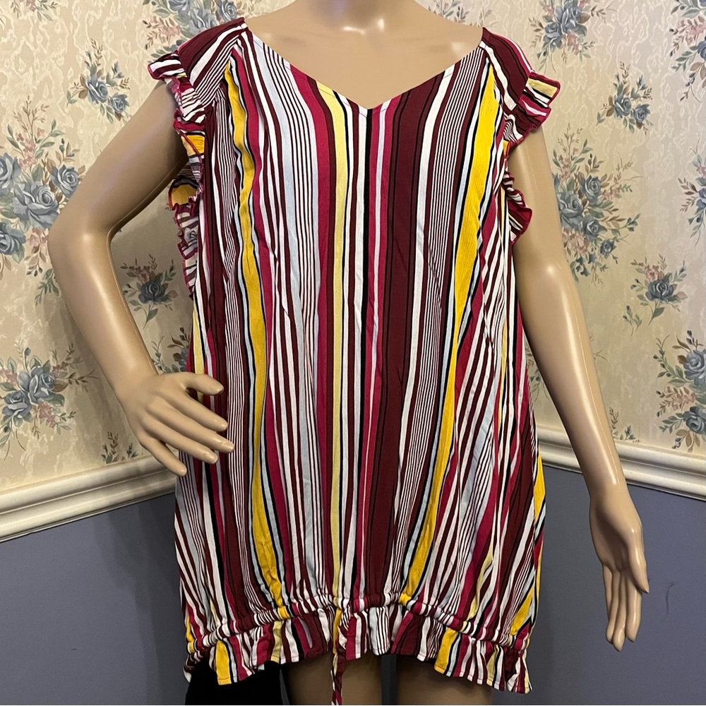 Lane Bryant Striped Vneck Burgundy, Yellow & White Blouse, Size 22/24, NWT
